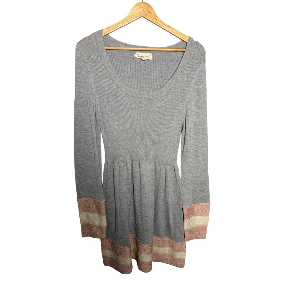 Cloudchaser Womens XL Gray Ribbed Knit Fit & Flare Sweater Dress Pink Trim NWT
